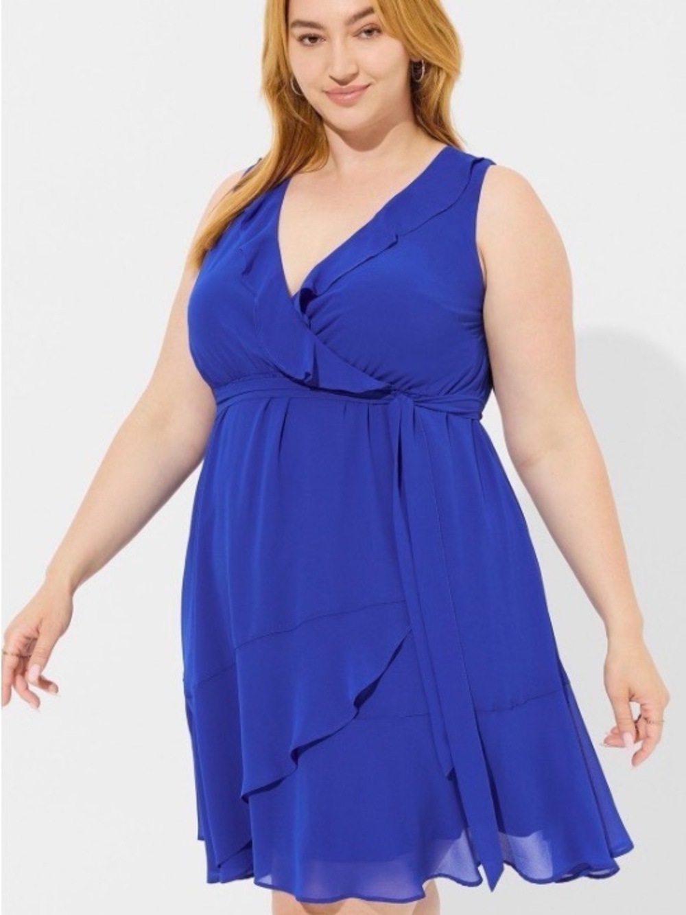 Mini Chiffon Ruffle Surplice Dress -Sleeveless Royal Blue Wrap-Front Mini Dress